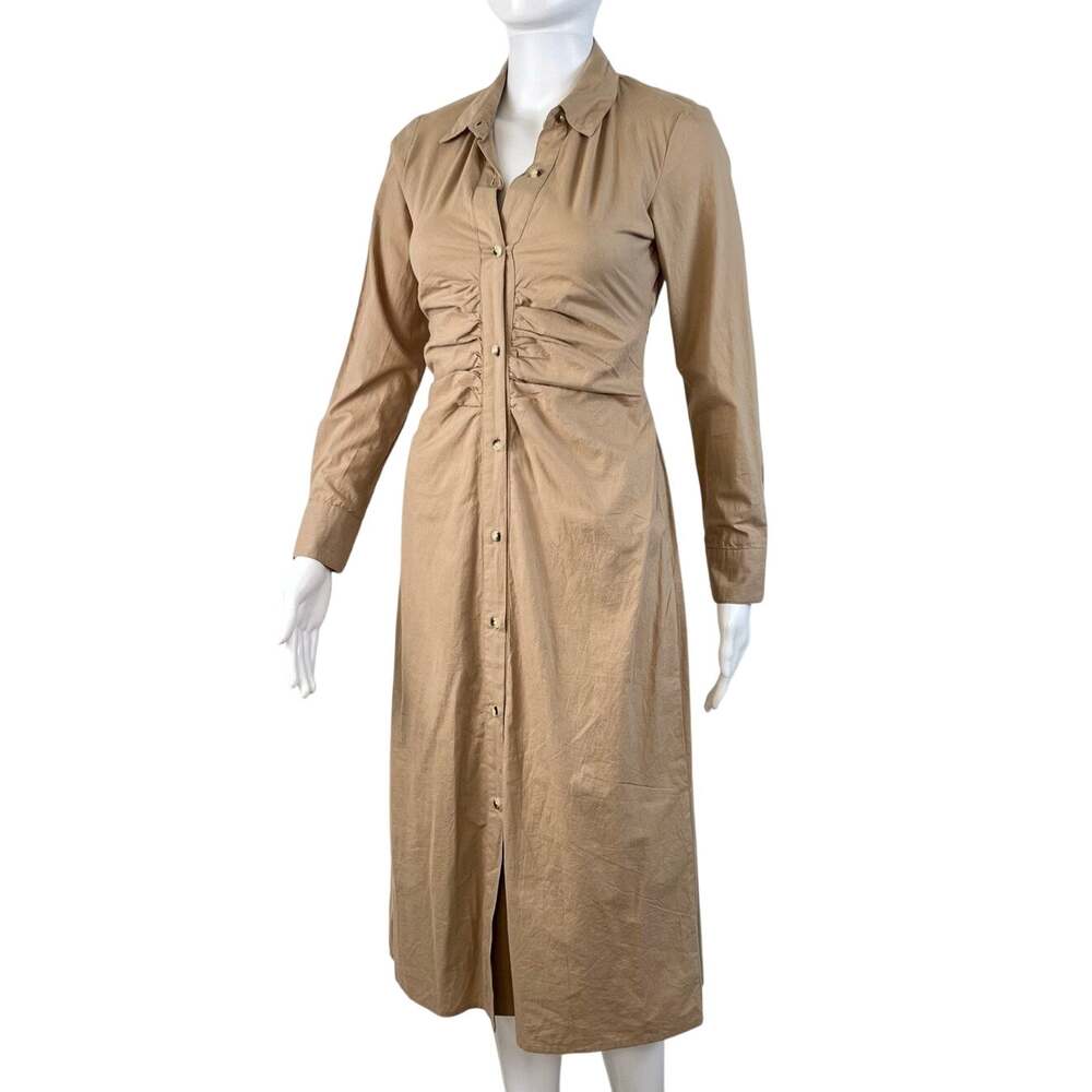 Sim & Sam Ruched Khaki Collard Button-Front Shirt Midi Business Casual Dress XS